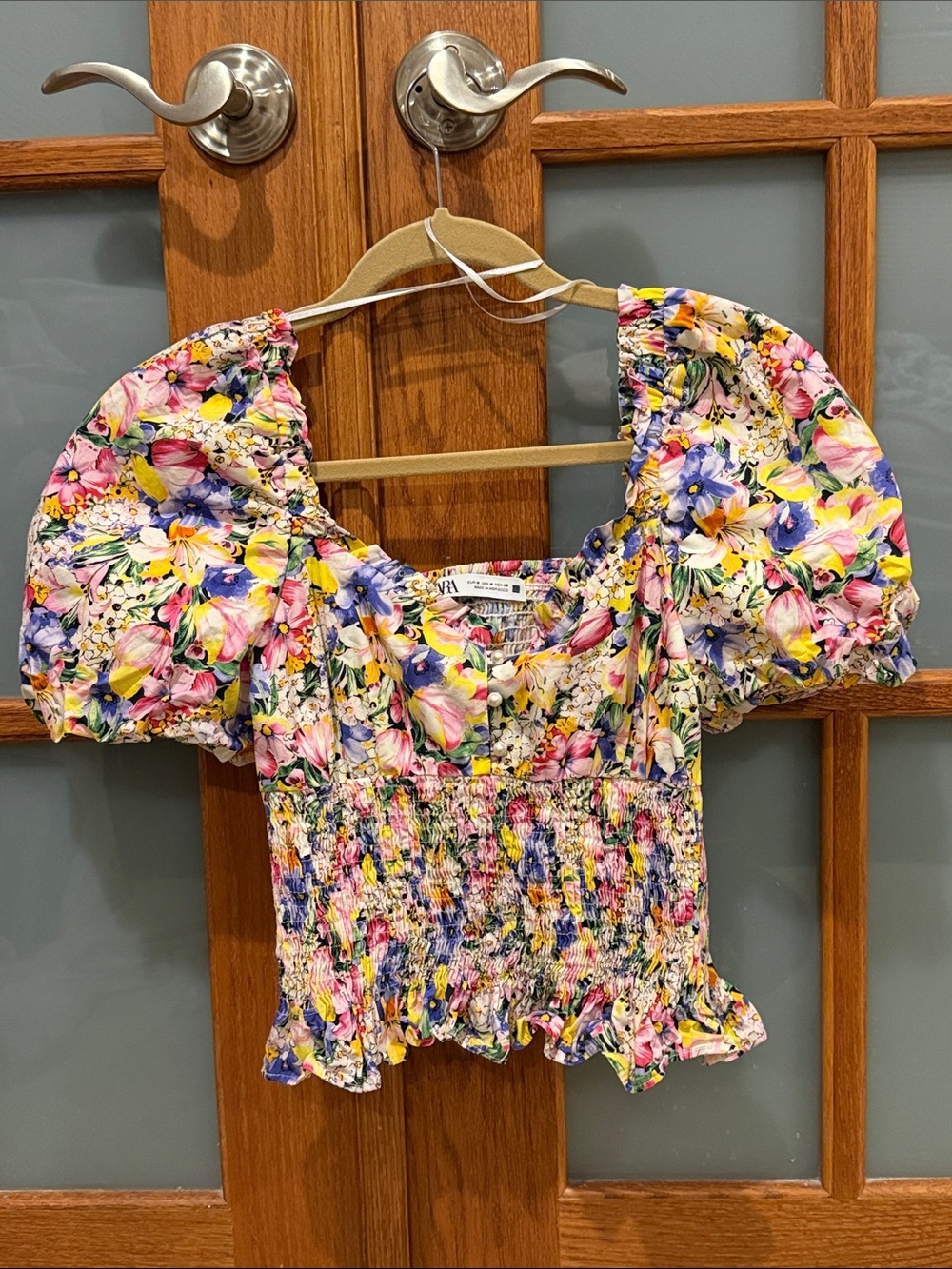 Zara Floral Puff-Sleeve Smocked Crop Top - Pink, Yellow, Blue